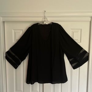 Womens 3X black blouse with V neck and sheer bell long sleeves